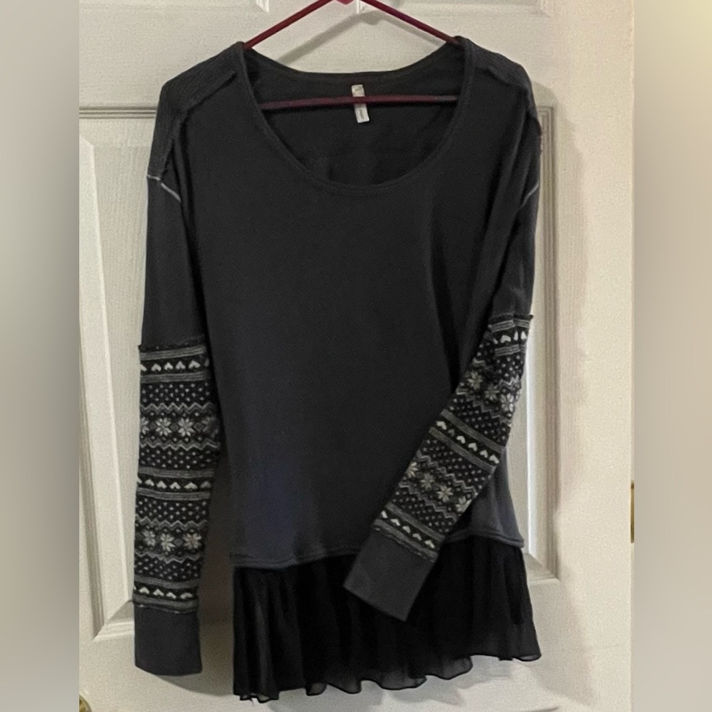 Free People Patterned Long Sleeve Top with Ruffle